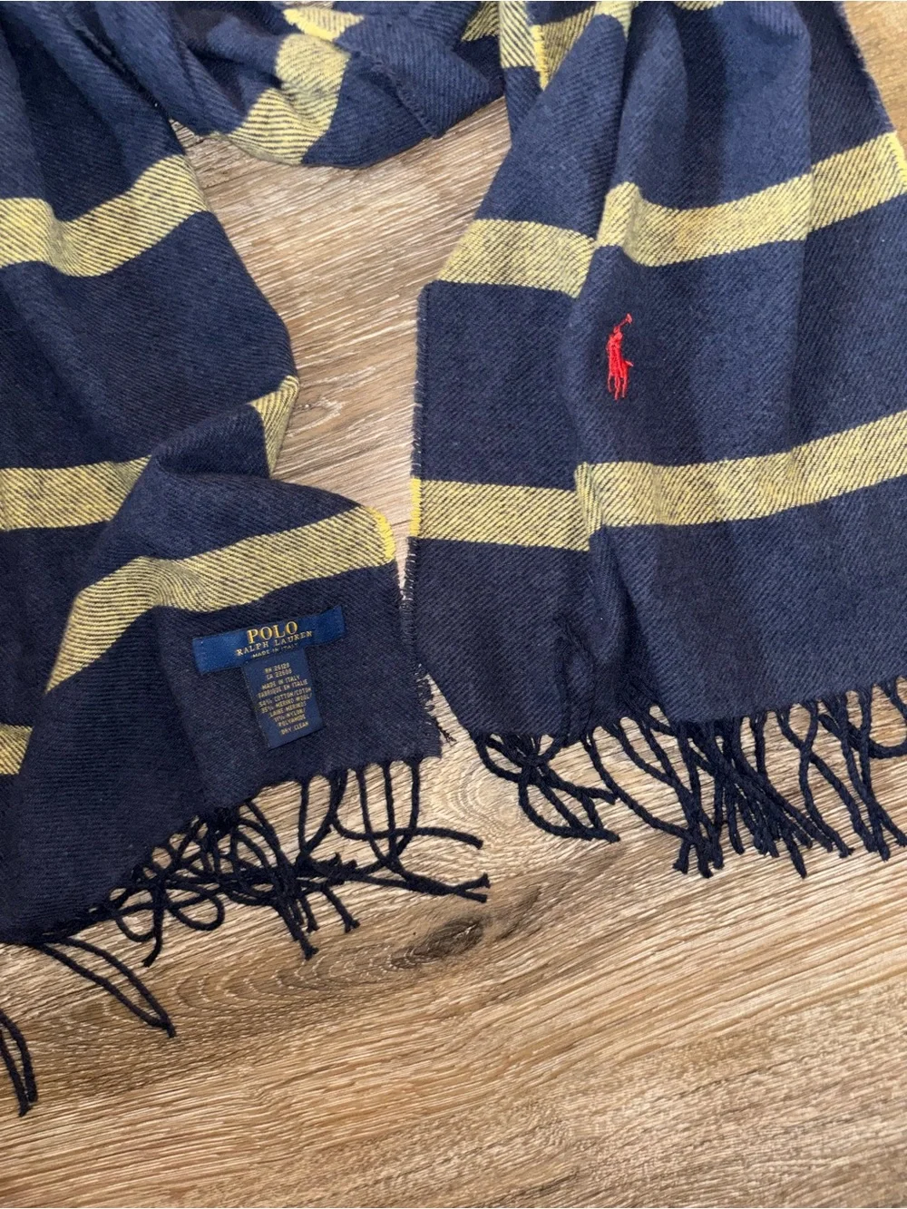 Polo by Ralph Lauren Wool Cotton Fringe Stripe Preppy Scarf Navy and Yellow
